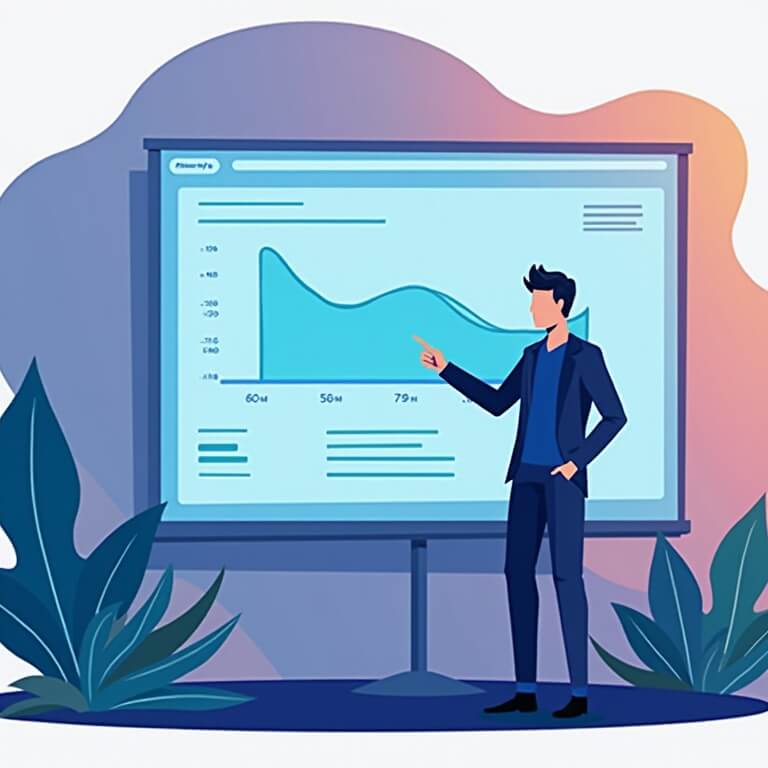 A person in business attire stands by a presentation board displaying a blue line graph, with plants in the foreground.