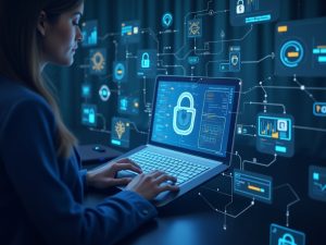 A woman works on a laptop displaying cybersecurity graphics, including a large padlock icon, with digital security icons and data charts in the background.