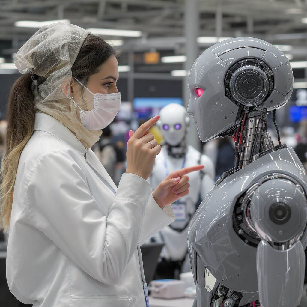 A woman in a lab coat and mask points at a humanoid robot with glowing red eyes in a modern indoor setting. Other robots are seen in the background.
