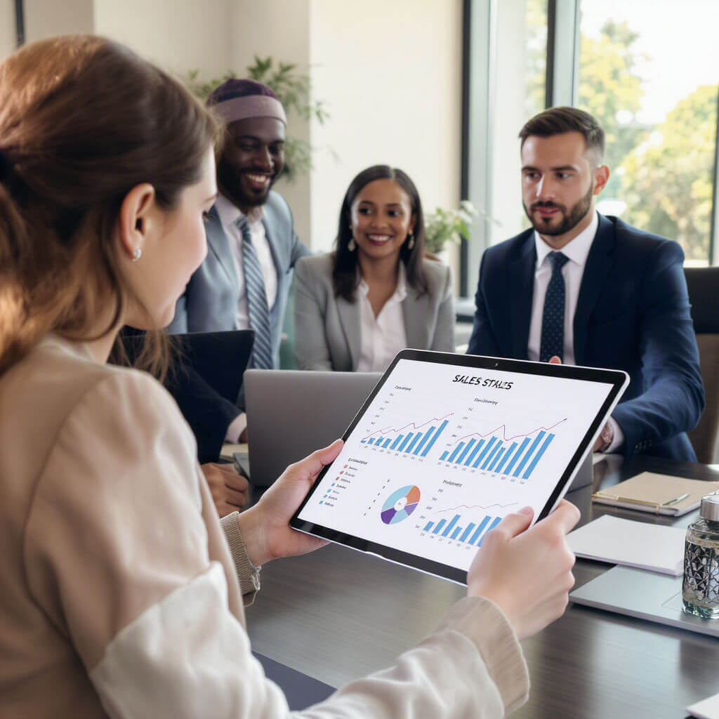 Four business professionals sit around a table in an office while one person displays sales graphs and charts on a tablet during a meeting.