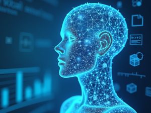 A digital, wireframe human head is shown in profile, surrounded by data charts, icons, and glowing network connections on a blue background.