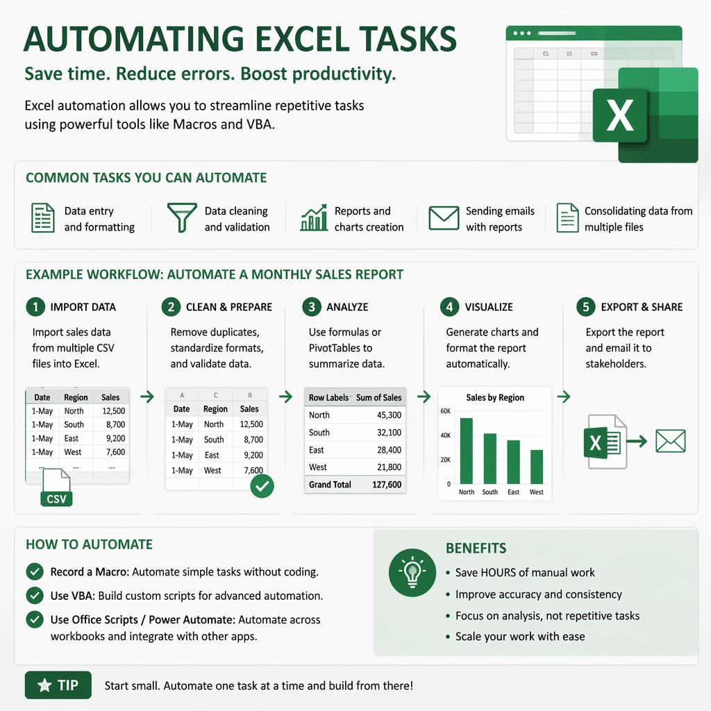 Infographic explaining how to automate Excel tasks, featuring a workflow for monthly sales reports, benefits, and tips for using tools like Macros and VBA to increase productivity and accuracy.