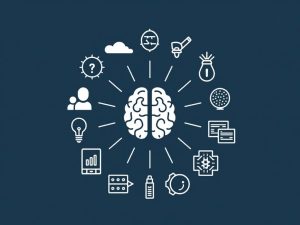 A brain icon in the centre is surrounded by various icons representing ideas, technology, data, people, and communication, all on a dark blue background.
