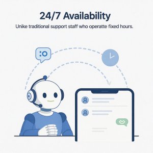 Illustration of a robot with a headset beside a large mobile phone, showing 24/7 availability for support, with chat and clock icons indicating constant service.