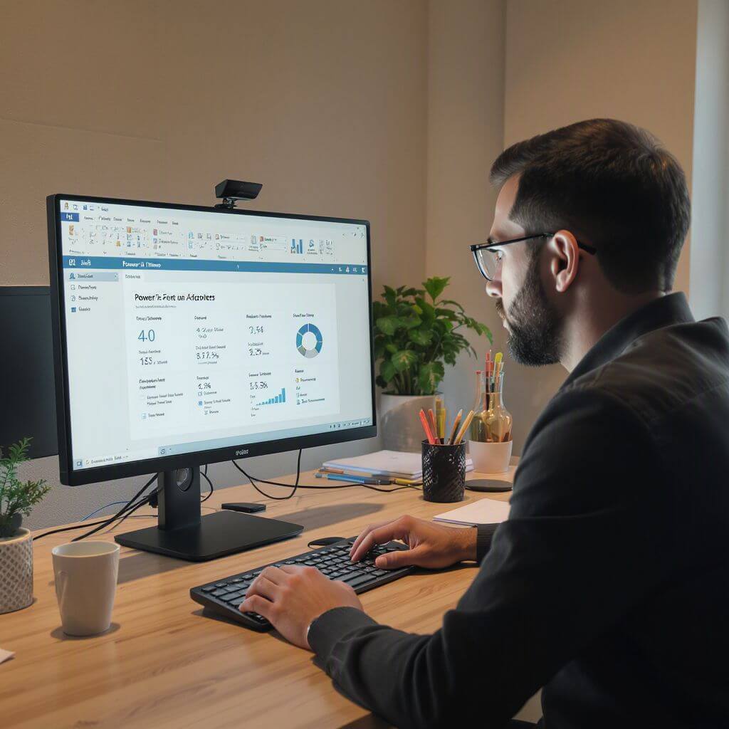 A man sits at a desk working on a computer displaying analytics and charts. There are office supplies, a plant, and a coffee cup on the desk.