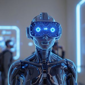 A humanoid robot wearing a VR headset stands in a room with neon blue lights; blurry people are visible in the background.