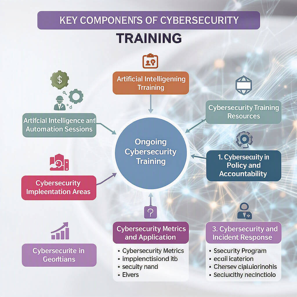 Infographic showing key components of cyber security training, including AI sessions, training resources, policy, metrics, incident response, Geofitians, and implementation areas.