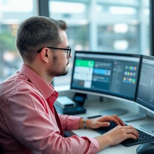 Man wearing glasses and a pink shirt sits at a desk, working on a computer with multiple screens displaying various software dashboards and data.