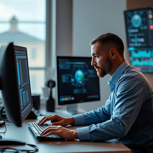 A man sits at a desk working on a computer with multiple monitors displaying graphs and data in an office setting.