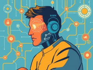 Illustration of a person with cybernetic enhancements and digital circuits, symbolising technology integration with the human body and mind.