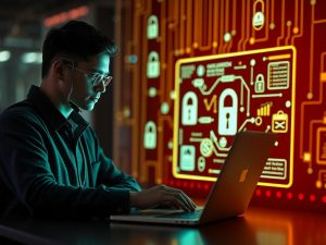 A person uses a laptop near a digital display showing padlocks and cybersecurity icons, symbolising data protection and online security.