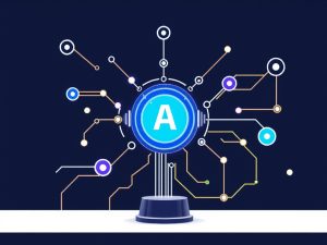 A blue circular icon with a white "A" is connected to multiple coloured nodes and lines, representing a digital network or artificial intelligence system on a dark background.
