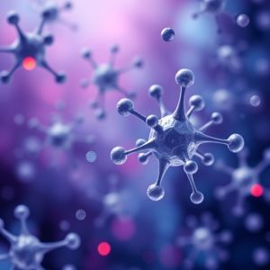 3D rendering of virus-like microscopic particles with spike-like projections, floating against a blurred background in shades of purple and blue.