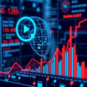 A digital screen displays financial data, charts, and graphs with a red upward trend line and a transparent globe icon overlay.