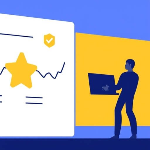 Illustration of a person holding a large rectangle, standing beside a chart with a star icon and line graph, set against a blue and yellow background.