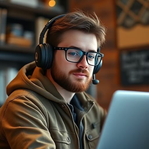 A man with glasses and a headset sits in front of a laptop in a cosy indoor setting, looking towards the camera.