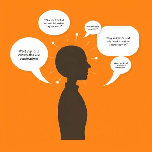 Silhouette of a person with speech bubbles containing various questions surrounds the head, set against an orange background.