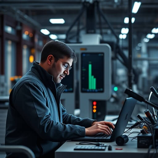 A person in a jacket works on a laptop at a desk in an industrial setting with machinery and a bar chart on a monitor in the background.