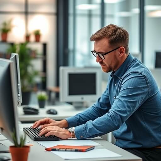 A man wearing glasses and a blue shirt types on a keyboard at an office desk with a computer monitor, documents, and plants in the background.