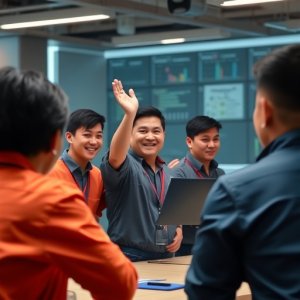 Four people in an office setting engage in a discussion; one person is smiling and raising a hand, charts and graphs are displayed on monitors in the background.