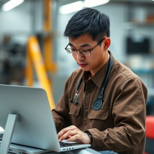 A person wearing glasses and a stethoscope works on a laptop in an indoor setting, appearing focused on the screen.