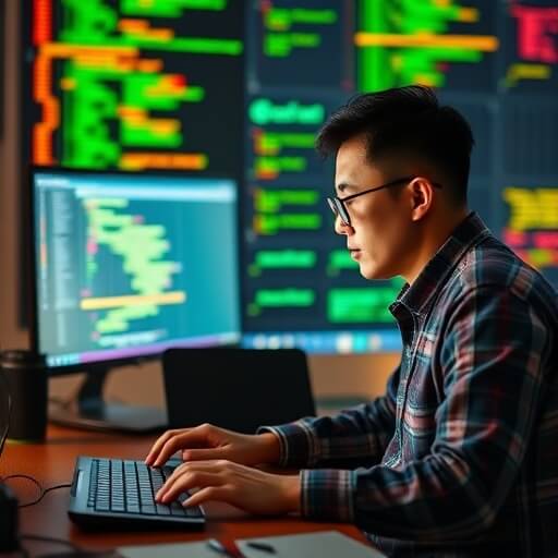 A person wearing glasses types on a keyboard at a desk with large computer monitors displaying colourful code and data.