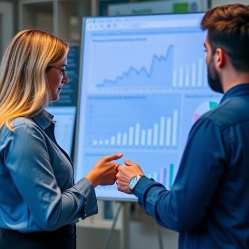 Two people in business attire discuss data in front of a digital screen displaying various charts and graphs in an office setting.