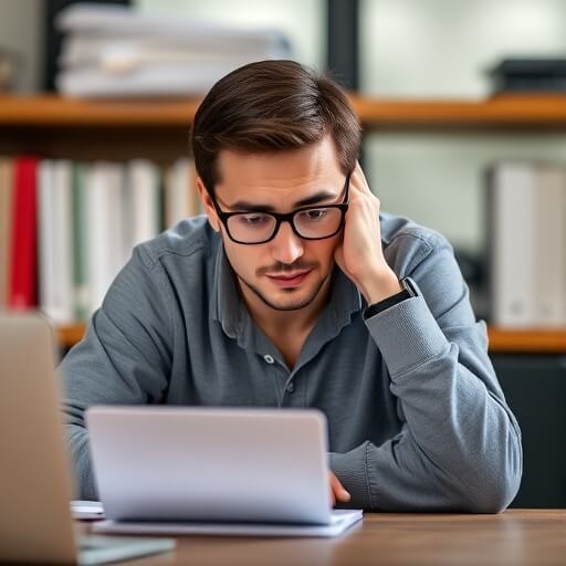 A person with glasses sits at a desk, looking at a laptop screen with a thoughtful expression. Shelves with books and folders are in the background.