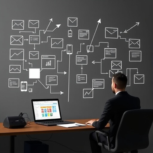A man in a suit sits at a desk with a laptop, looking at a blackboard covered in charts, diagrams, and arrows representing workflow or data processes.