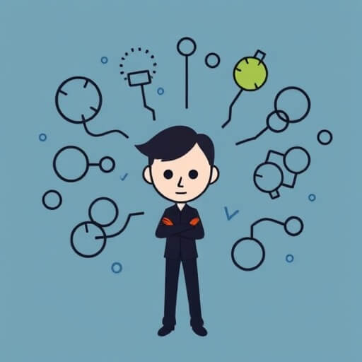 Illustration of a person in a suit standing with arms folded, surrounded by various abstract circular and line diagrams on a blue background.