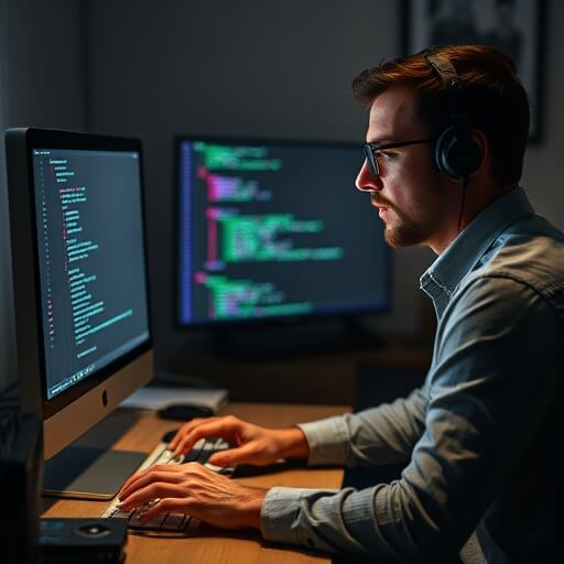A person wearing headphones sits at a desk, coding on a computer with multiple monitors displaying programming code in a dimly lit office.
