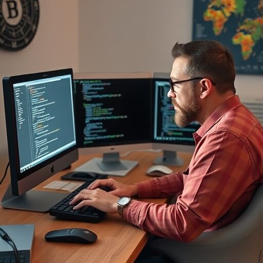 A man wearing glasses sits at a desk with multiple monitors, typing code on a keyboard in an office setting.