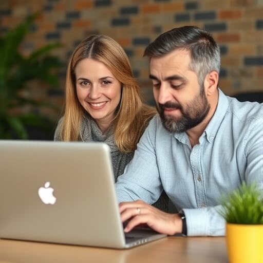 A man and a woman sit at a desk, looking at a laptop together and smiling. There is a yellow potted plant on the desk and a brick wall in the background.