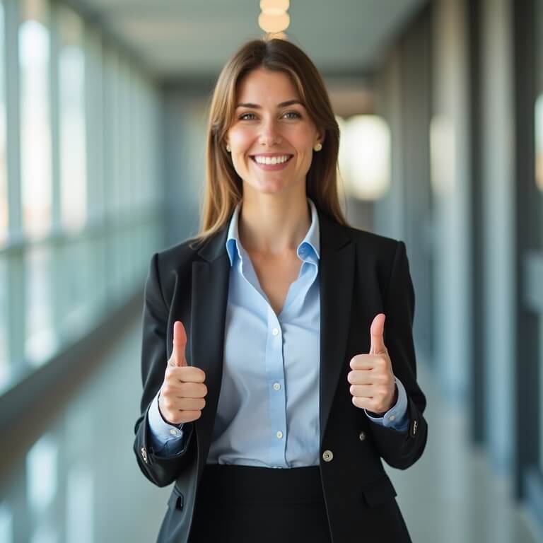 Woman in a suit standing in a corridor, smiling and giving two thumbs up.