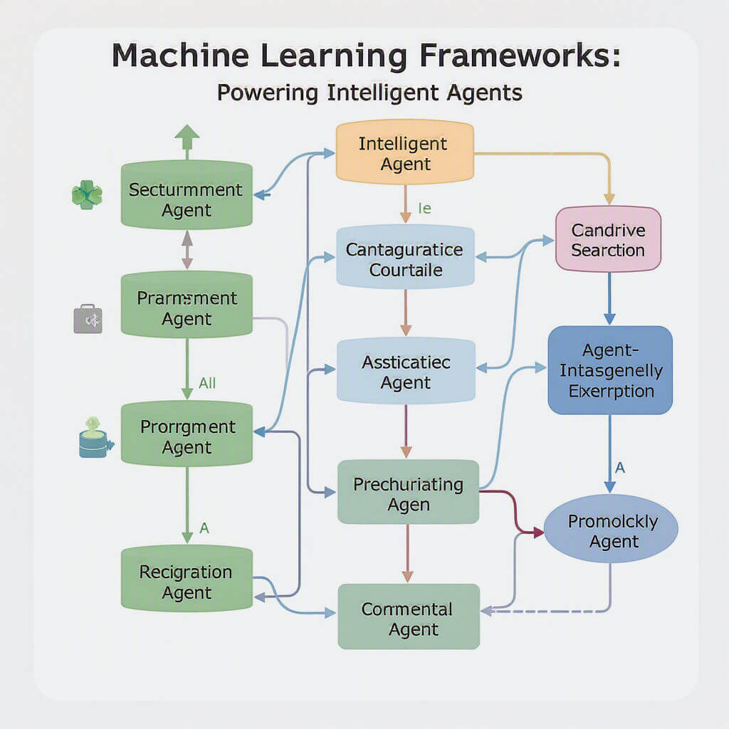 Flowchart displaying various interconnected machine learning agent frameworks, including Intelligent Agent, Securnment Agent, and Assistciate Agent, with directional arrows showing relationships.