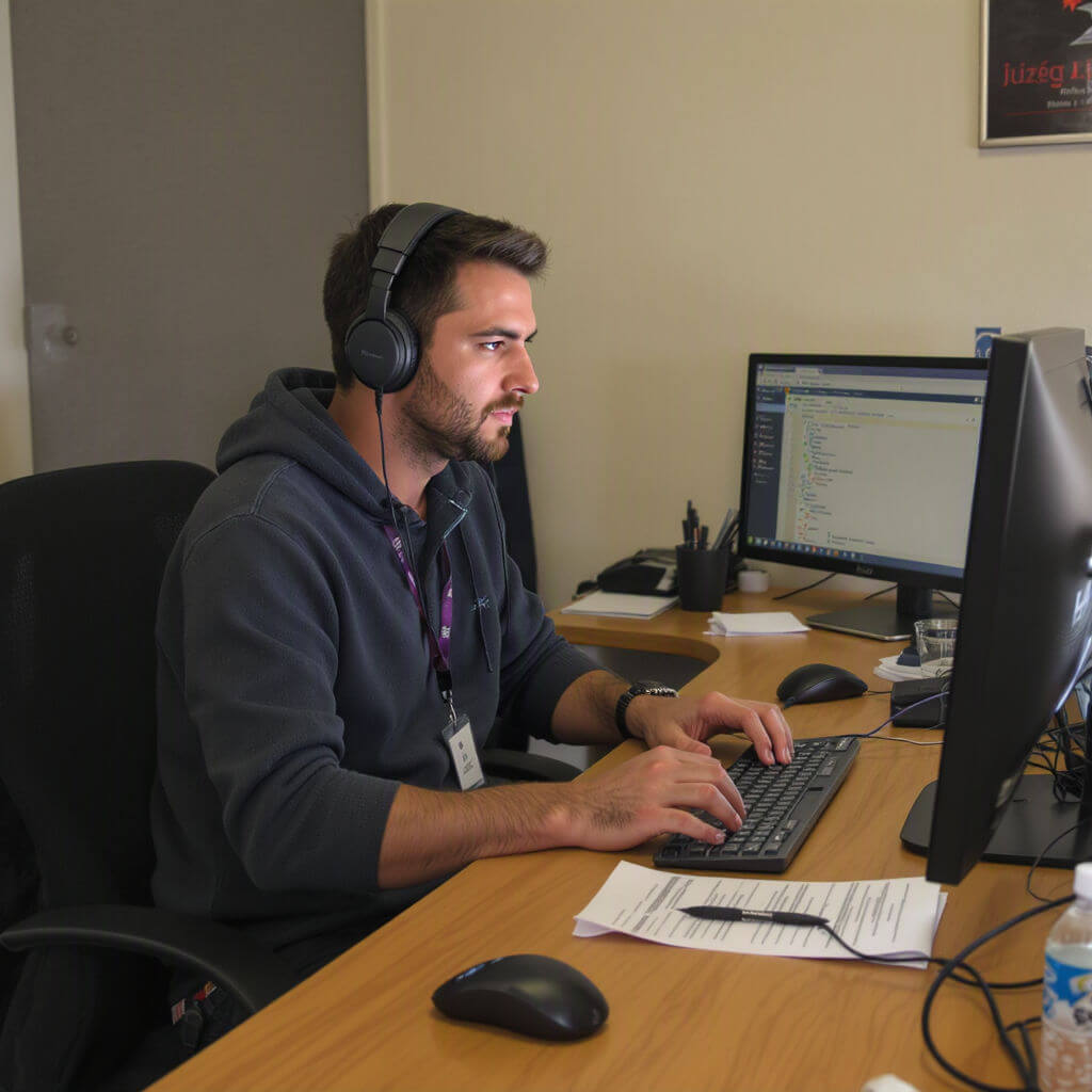Man wearing headphones sits at a desk working on a computer with code on the screen. Office supplies, papers, and a water bottle are visible on the desk.