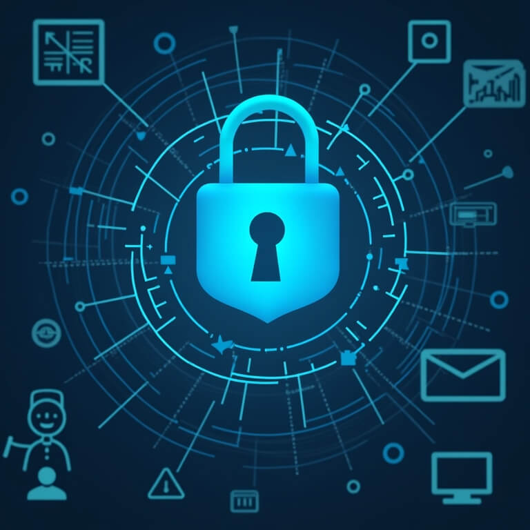 A blue padlock icon is centred against a digital background with technology and communication symbols, representing cyber security and data protection.