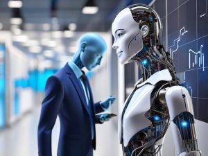 A humanoid robot stands in the foreground, with exposed mechanical parts; a blue-toned figure in a suit checks a tablet in a modern, futuristic office corridor.