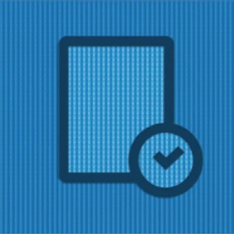 Blue icon of a document with a tick in a circle at the bottom right, set against a striped blue background.