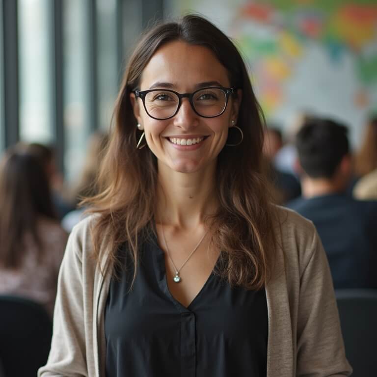 A woman with glasses and long brown hair smiles at the camera in a classroom setting, with a blurred group of people and a colourful map in the background.