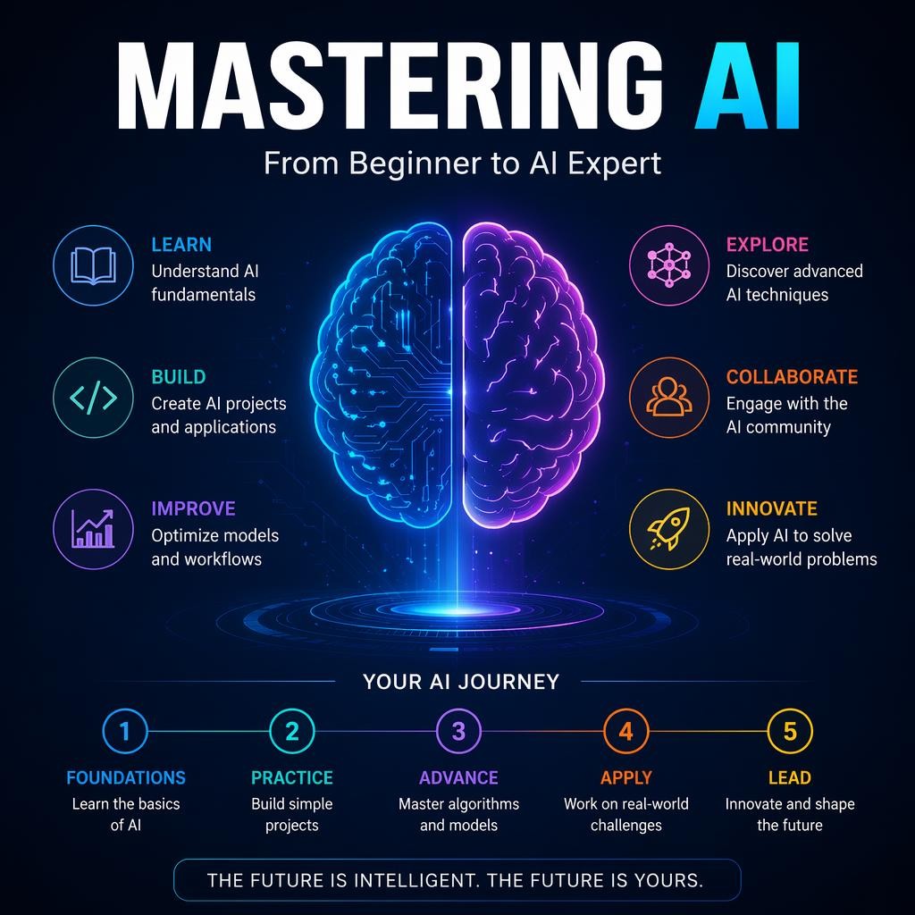 Infographic titled "Mastering AI" shows a brain split in two, outlining key AI skills&mdash;learn, build, improve, explore, collaborate, innovate&mdash;plus a 5-step AI learning journey.