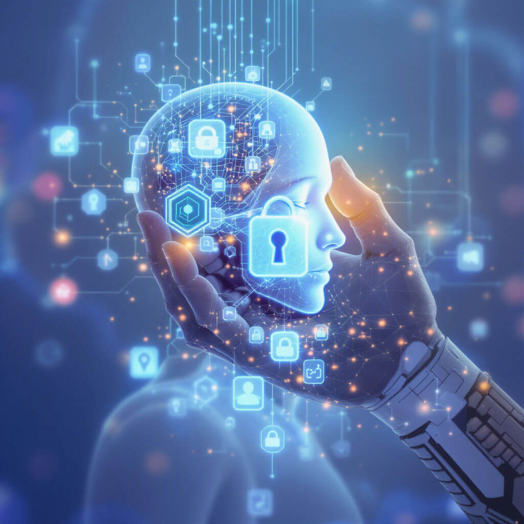 A robotic hand holds a digital human head with security icons, representing artificial intelligence and data protection concepts.