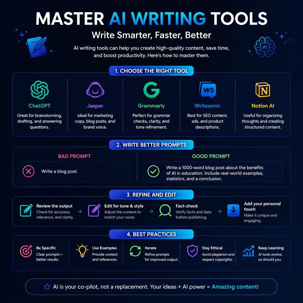 Infographic titled "Master AI Writing Tools" showing steps and tips for using ChatGPT, Jasper, Grammarly, Writesonic, and Notion AI to write more intelligently, quickly, and effectively.