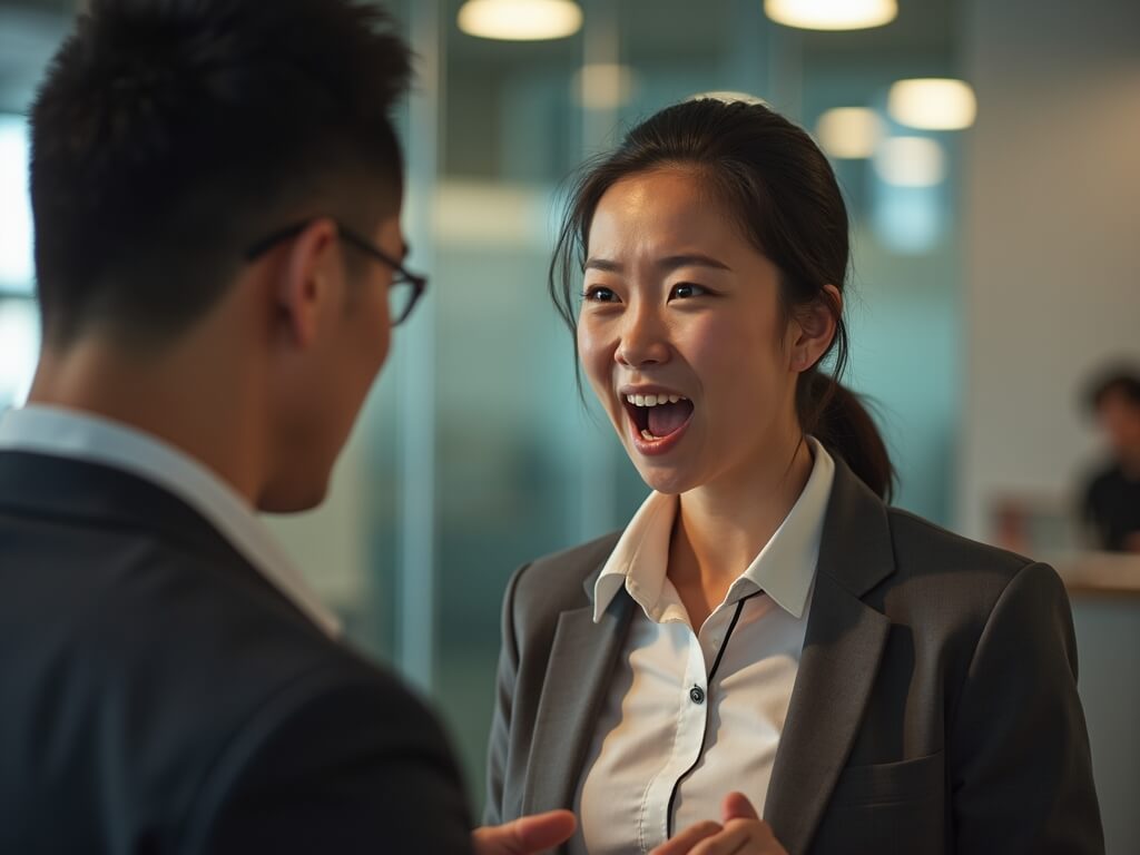 A woman in business attire smiles and speaks to a man in an office setting, with blurred lights and another person visible in the background.