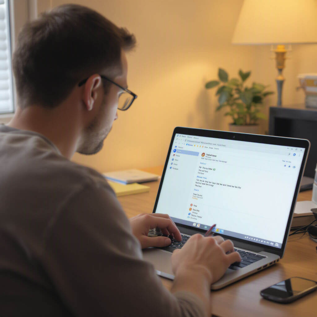 A person wearing glasses types on a laptop at a desk, with an email inbox open on the screen. A notepad, mobile, and lamp are also visible.