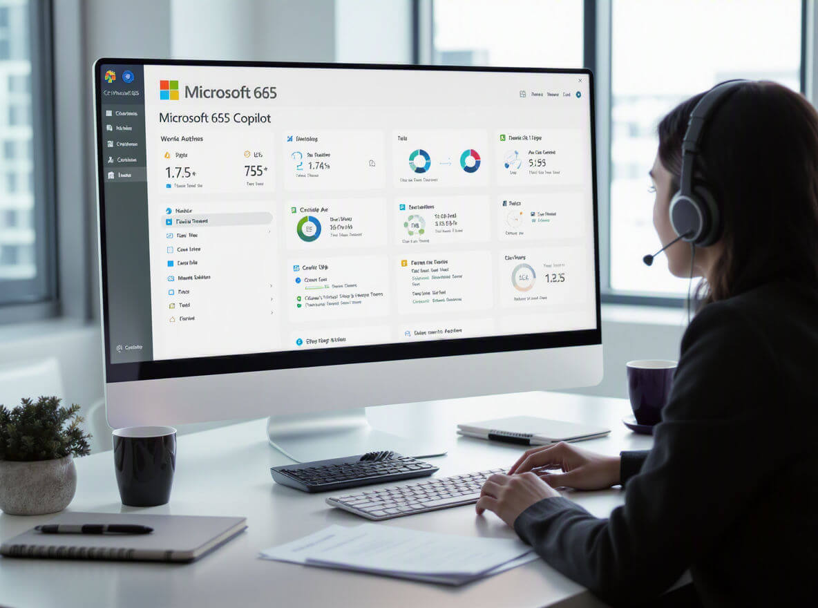 Person wearing a headset sits at a desk working on a computer displaying the Microsoft 365 Copilot dashboard in an office setting.