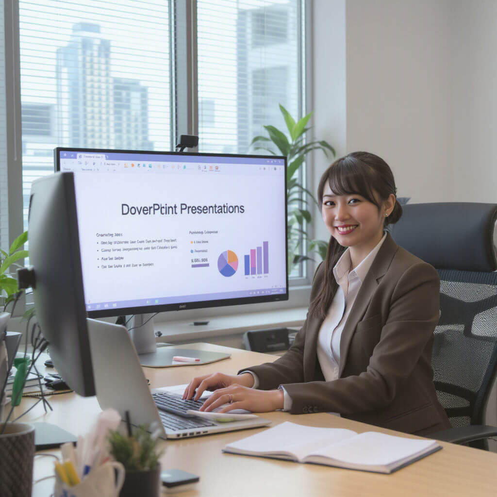 A woman in business attire sits at a desk, working on a computer displaying a presentation with charts and text in an office with large windows.