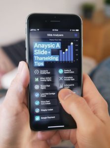 Person holding a mobile phone displaying a data analysis app with graphs and various analysis options on the screen.