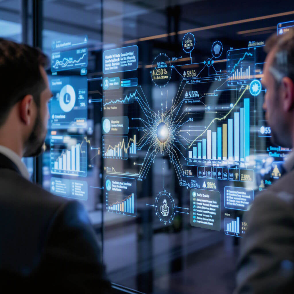 Two men in business suits review digital financial charts and data visualisations on a large transparent screen in a modern office setting.