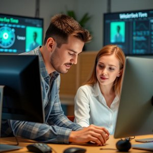 Two colleagues sit at a desk in an office, looking at a computer screen together, with charts and profile photos visible on monitors in the background.